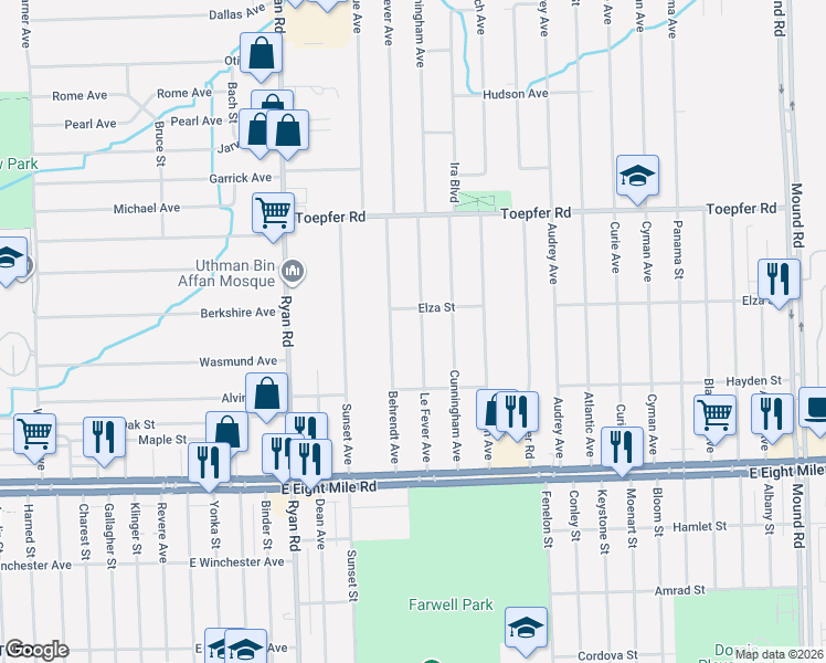 map of restaurants, bars, coffee shops, grocery stores, and more near 21232 Behrendt Avenue in Warren