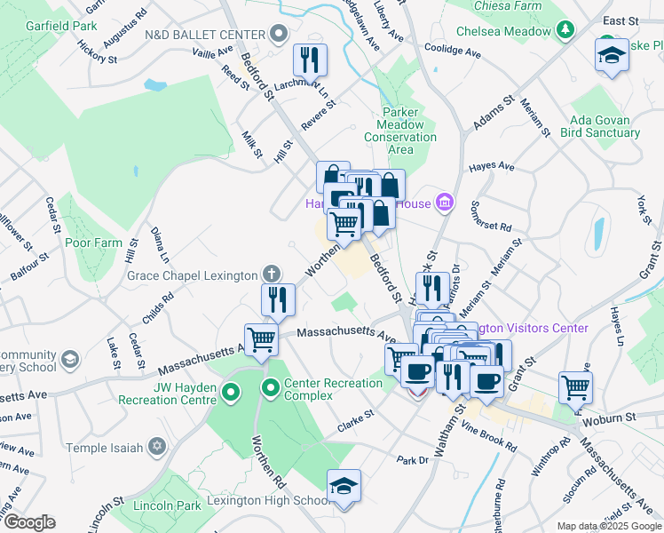 map of restaurants, bars, coffee shops, grocery stores, and more near 32 Worthen Road in Lexington
