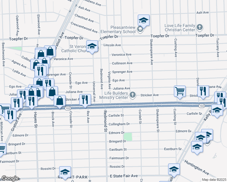 map of restaurants, bars, coffee shops, grocery stores, and more near 16125 Stricker Avenue in Eastpointe