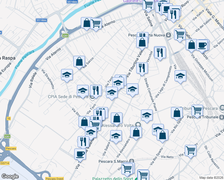map of restaurants, bars, coffee shops, grocery stores, and more near 174 Via Tiburtina Valeria in Pescara