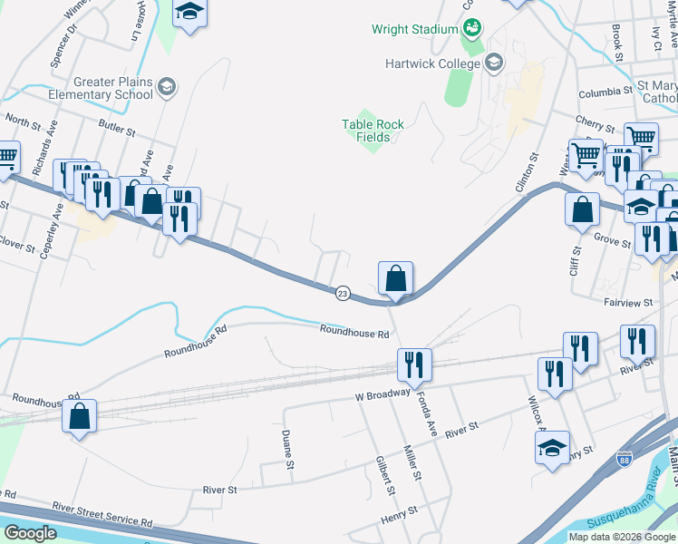 map of restaurants, bars, coffee shops, grocery stores, and more near 2 Telford Street in Oneonta