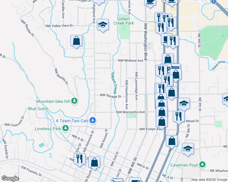 map of restaurants, bars, coffee shops, grocery stores, and more near 536 Northwest Savage Street in Grants Pass