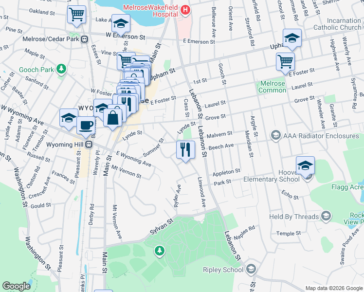 map of restaurants, bars, coffee shops, grocery stores, and more near 117 Linwood Avenue in Melrose