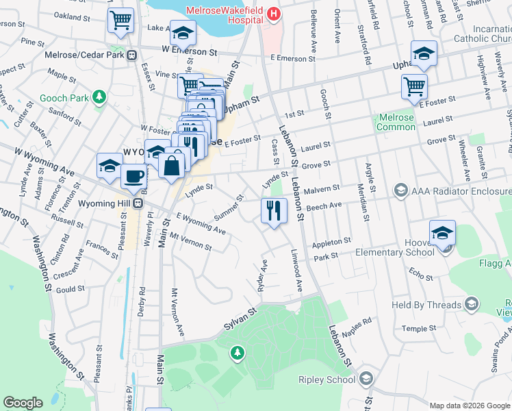 map of restaurants, bars, coffee shops, grocery stores, and more near 21-23 Rendall Place in Melrose