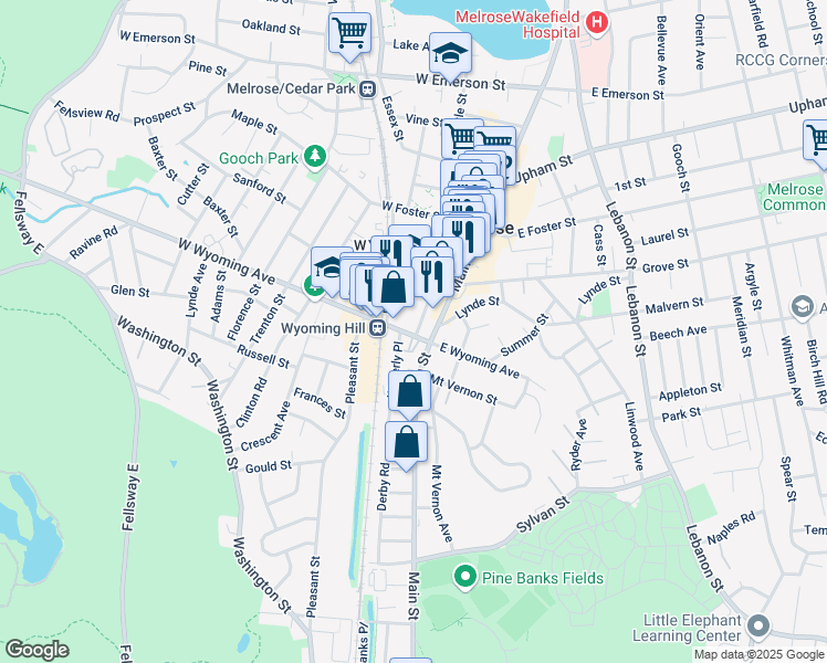 map of restaurants, bars, coffee shops, grocery stores, and more near 20 West Wyoming Avenue in Melrose