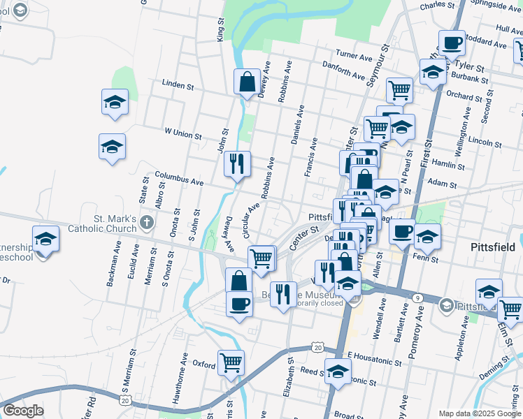 map of restaurants, bars, coffee shops, grocery stores, and more near 64 Circular Avenue in Pittsfield