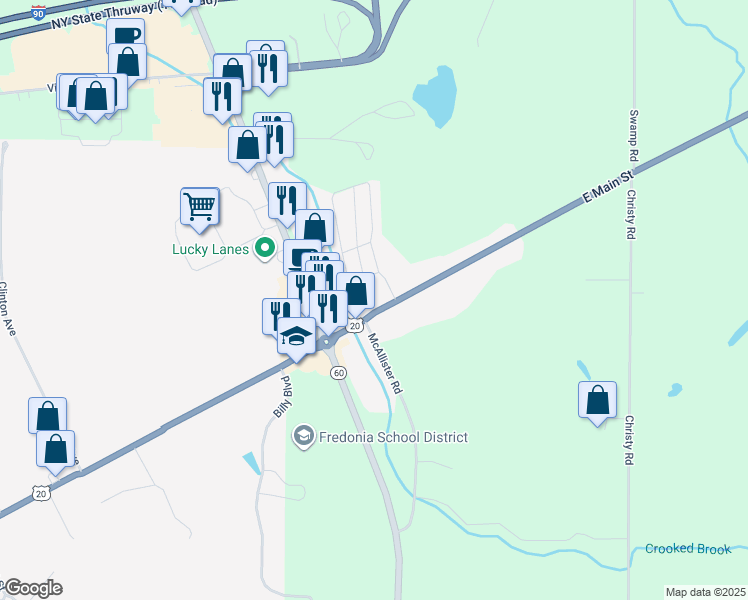 map of restaurants, bars, coffee shops, grocery stores, and more near 3752 East Main Street in Fredonia