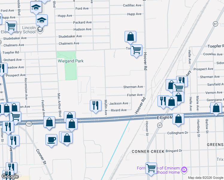 map of restaurants, bars, coffee shops, grocery stores, and more near 11351 Fisher Avenue in Warren