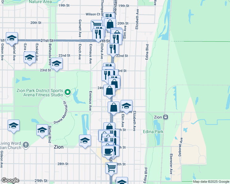 map of restaurants, bars, coffee shops, grocery stores, and more near 2437 Sheridan Road in Zion