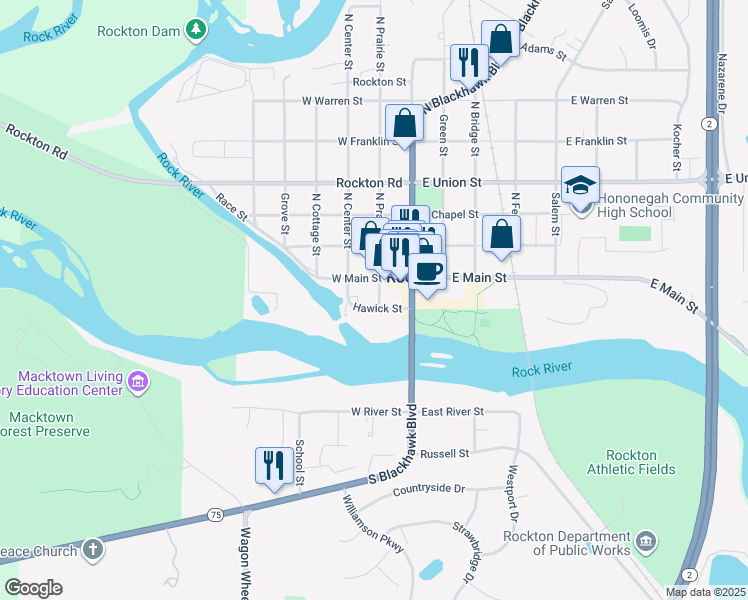 map of restaurants, bars, coffee shops, grocery stores, and more near 203 Hawick Street in Rockton
