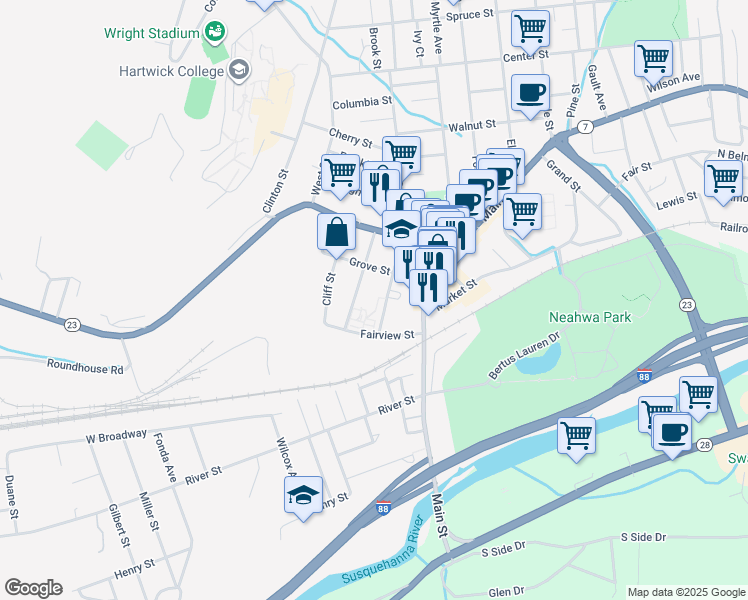 map of restaurants, bars, coffee shops, grocery stores, and more near 33 Academy Street in Oneonta