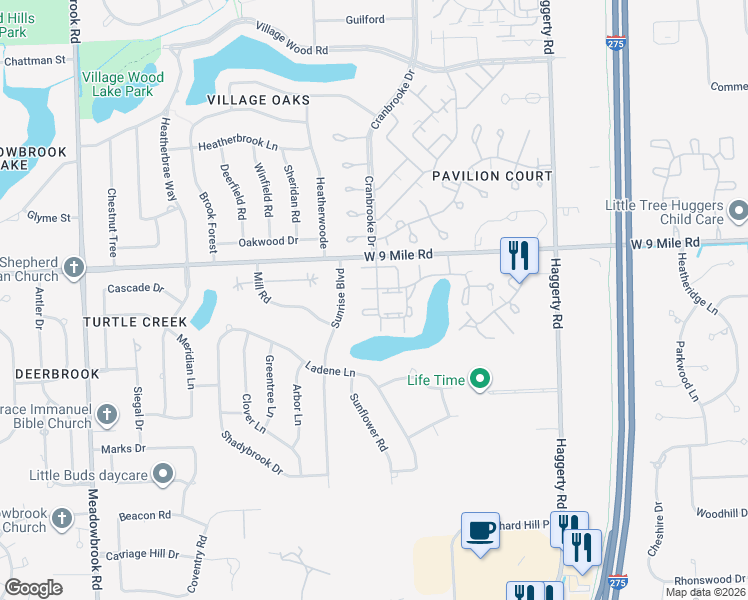 map of restaurants, bars, coffee shops, grocery stores, and more near 22038 Edgewater in Novi