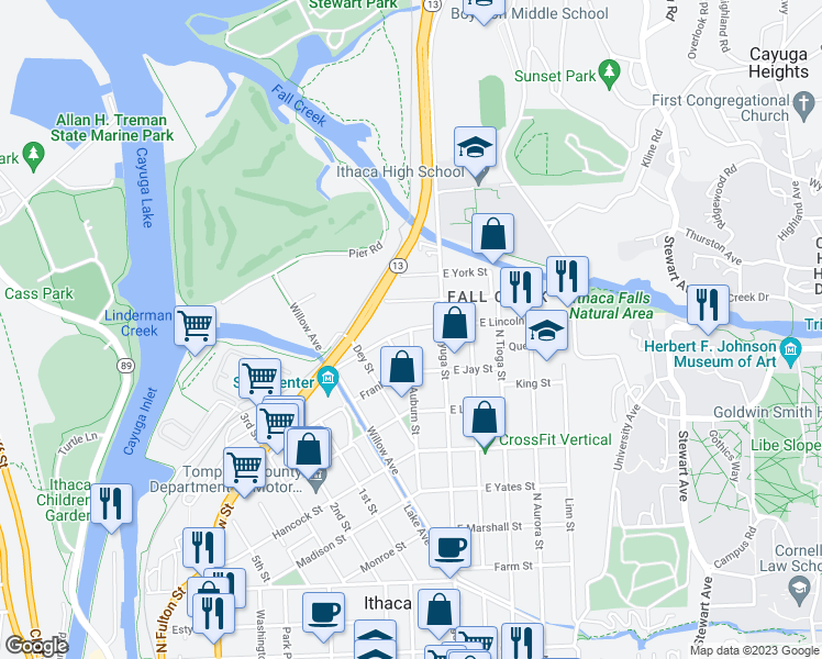 map of restaurants, bars, coffee shops, grocery stores, and more near Auburn Street & West Lincoln Street in Ithaca