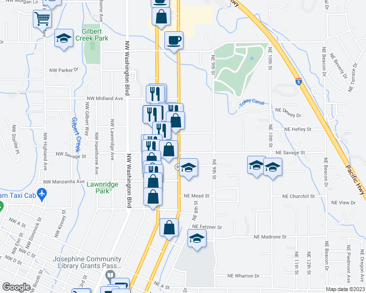map of restaurants, bars, coffee shops, grocery stores, and more near 1309 Northeast 7th Street in Grants Pass