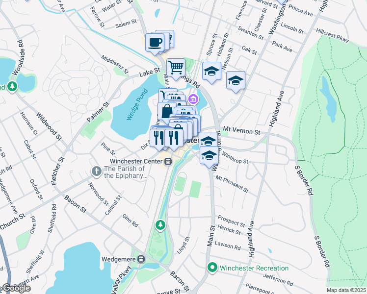 map of restaurants, bars, coffee shops, grocery stores, and more near 500 Main Street in Woburn