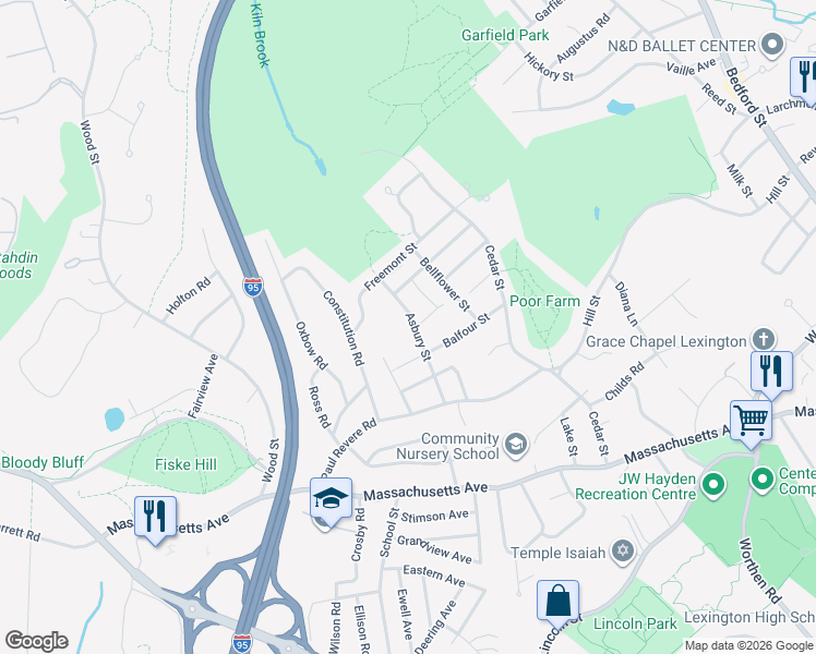 map of restaurants, bars, coffee shops, grocery stores, and more near 42 Asbury Street in Lexington