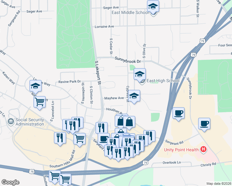 map of restaurants, bars, coffee shops, grocery stores, and more near 4701-4913 Mayhew Ave in Sioux City