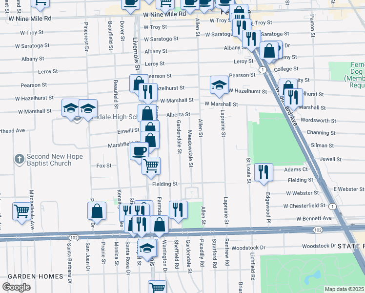 map of restaurants, bars, coffee shops, grocery stores, and more near 645 Meadowdale Street in Ferndale