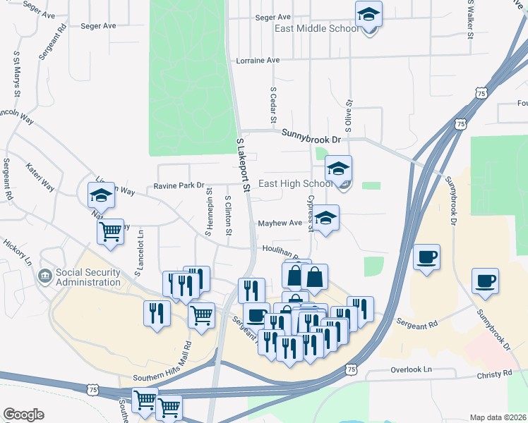 map of restaurants, bars, coffee shops, grocery stores, and more near 4701-4913 Mayhew Ave in Sioux City