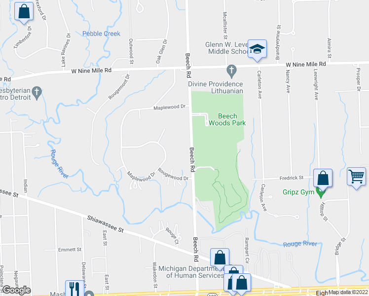 map of restaurants, bars, coffee shops, grocery stores, and more near 21975 Beech Road in Southfield