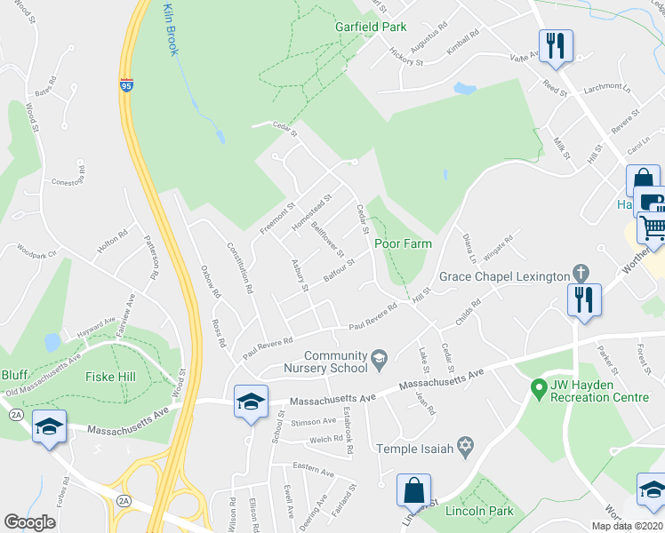 map of restaurants, bars, coffee shops, grocery stores, and more near 21 Balfour Street in Lexington