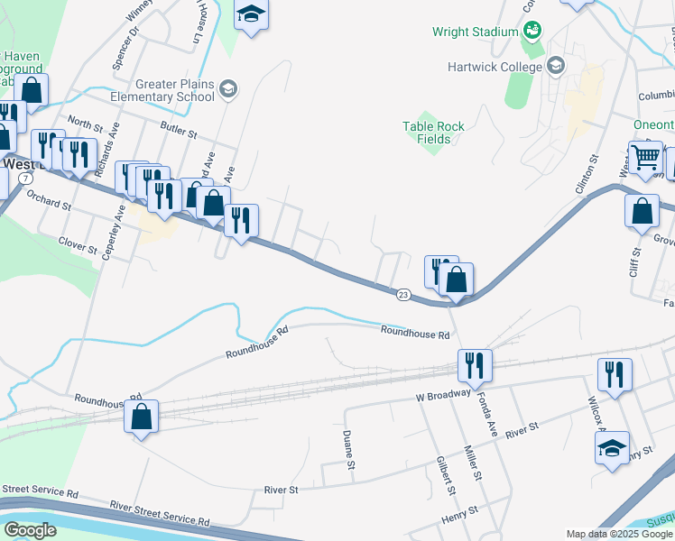 map of restaurants, bars, coffee shops, grocery stores, and more near in Oneonta