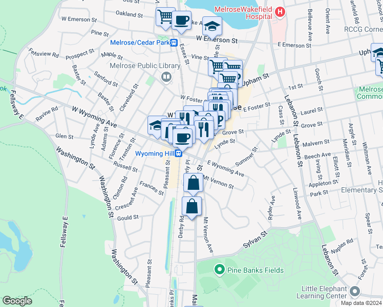 map of restaurants, bars, coffee shops, grocery stores, and more near 20 West Wyoming Avenue in Melrose