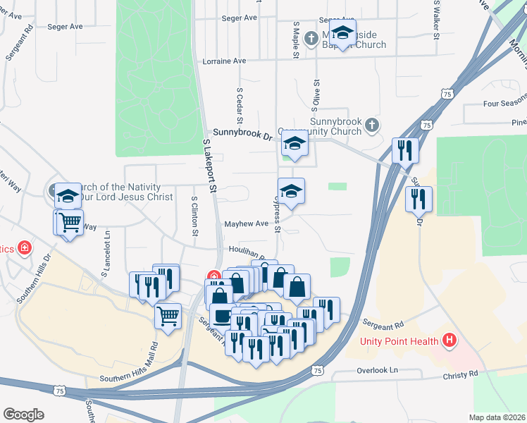 map of restaurants, bars, coffee shops, grocery stores, and more near 4701-4999 Mayhew Avenue in Sioux City