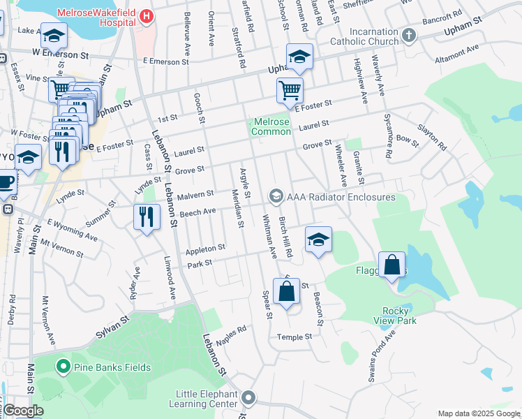 map of restaurants, bars, coffee shops, grocery stores, and more near 110 Whitman Avenue in Melrose