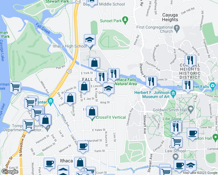 map of restaurants, bars, coffee shops, grocery stores, and more near 411 East Lincoln Street in Ithaca