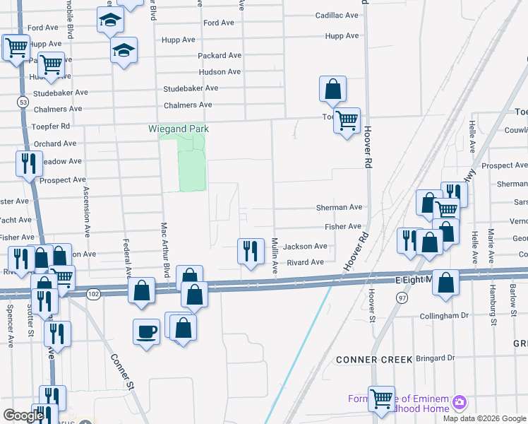 map of restaurants, bars, coffee shops, grocery stores, and more near 11267 Fisher Avenue in Warren