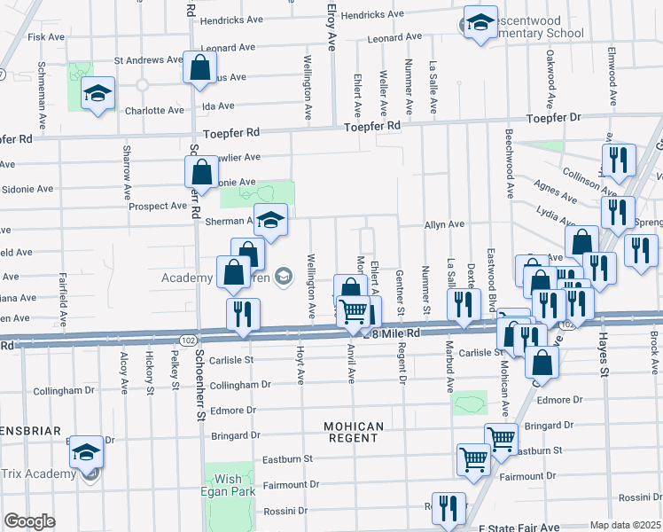 map of restaurants, bars, coffee shops, grocery stores, and more near 20901 Elroy Avenue in Warren