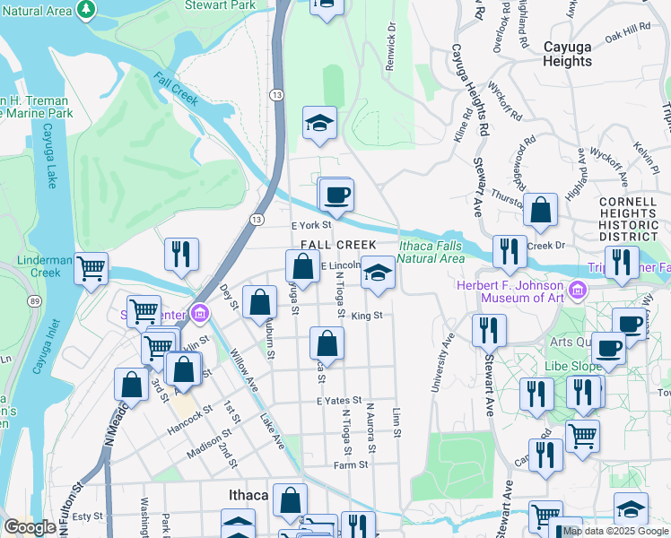 map of restaurants, bars, coffee shops, grocery stores, and more near 1024 North Tioga Street in Ithaca