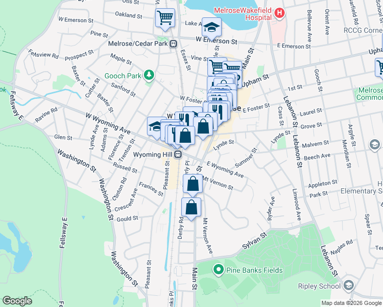 map of restaurants, bars, coffee shops, grocery stores, and more near 20 West Wyoming Avenue in Melrose