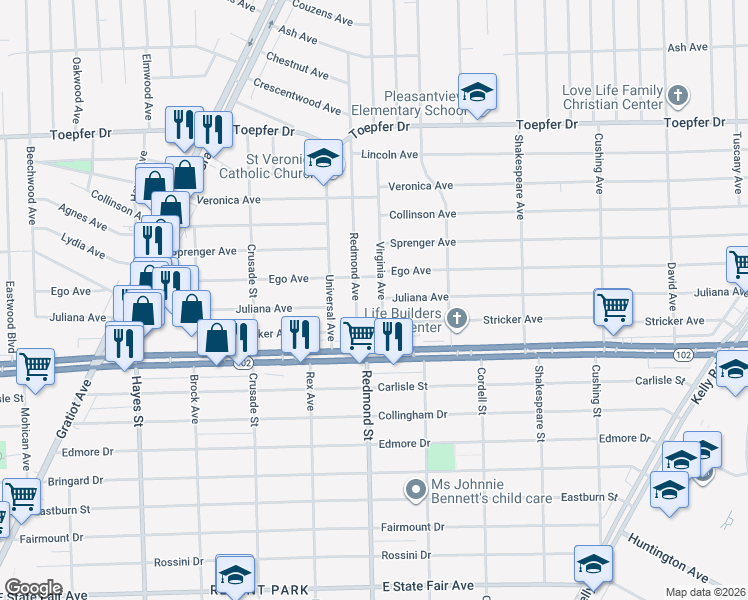 map of restaurants, bars, coffee shops, grocery stores, and more near 20773 Virginia Avenue in Eastpointe