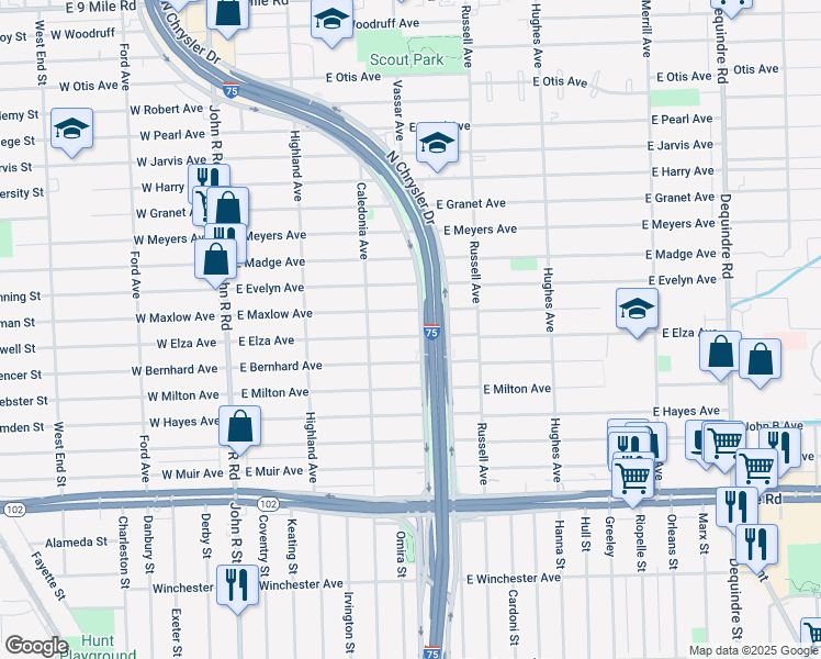 map of restaurants, bars, coffee shops, grocery stores, and more near 829 East Elza Avenue in Hazel Park