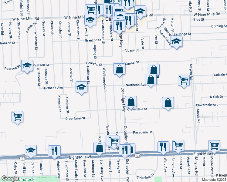 map of restaurants, bars, coffee shops, grocery stores, and more near 21390 Ridgedale Street in Oak Park