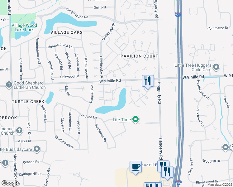 map of restaurants, bars, coffee shops, grocery stores, and more near 22152 Edgewater in Novi