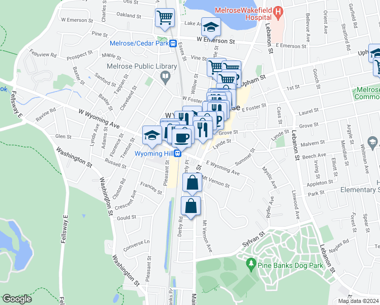 map of restaurants, bars, coffee shops, grocery stores, and more near 27-27A West Wyoming Avenue in Melrose