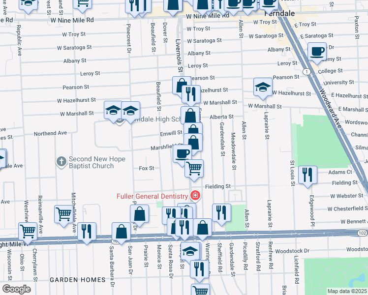 map of restaurants, bars, coffee shops, grocery stores, and more near 660 Stratford Road in Ferndale