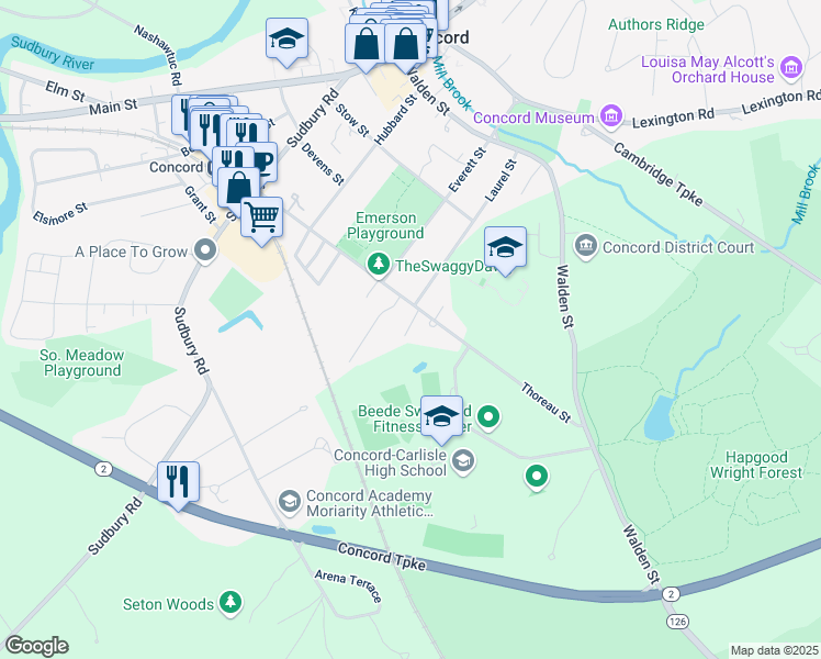 map of restaurants, bars, coffee shops, grocery stores, and more near 352 Thoreau Street in Concord
