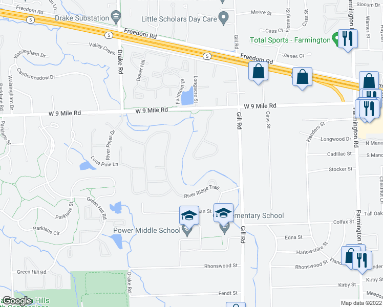 map of restaurants, bars, coffee shops, grocery stores, and more near 26100 Indian Creek Drive in Farmington Hills