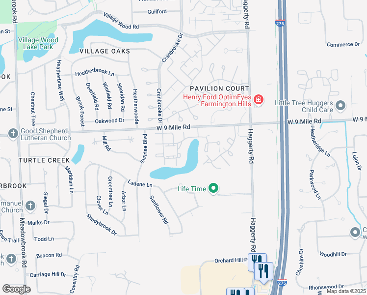 map of restaurants, bars, coffee shops, grocery stores, and more near 22152 Edgewater in Novi