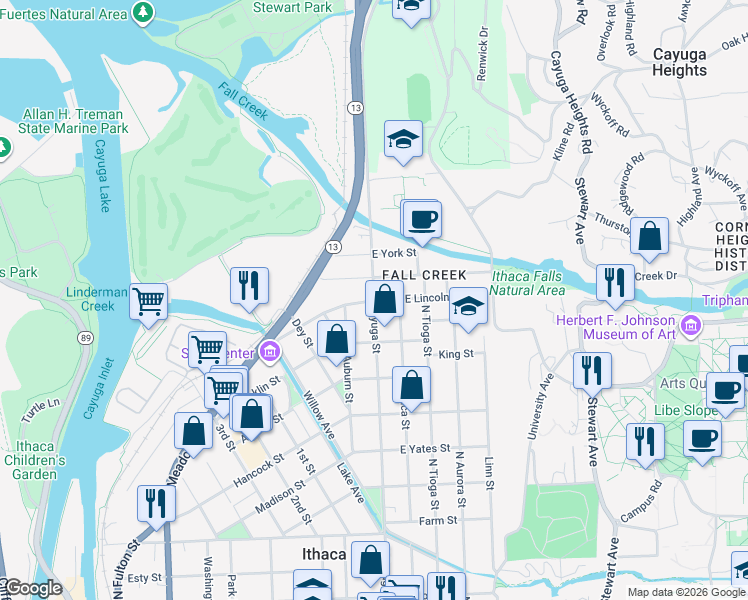 map of restaurants, bars, coffee shops, grocery stores, and more near North Cayuga Street & West Lincoln Street in Ithaca