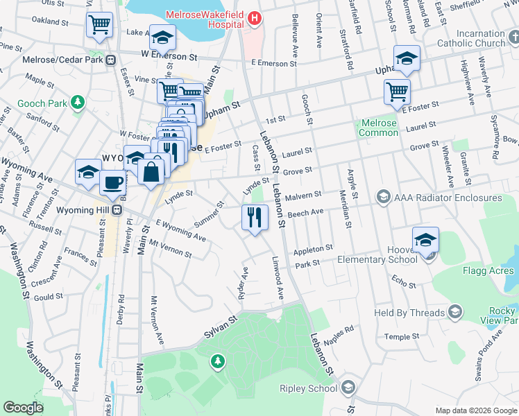 map of restaurants, bars, coffee shops, grocery stores, and more near 117 Linwood Avenue in Melrose
