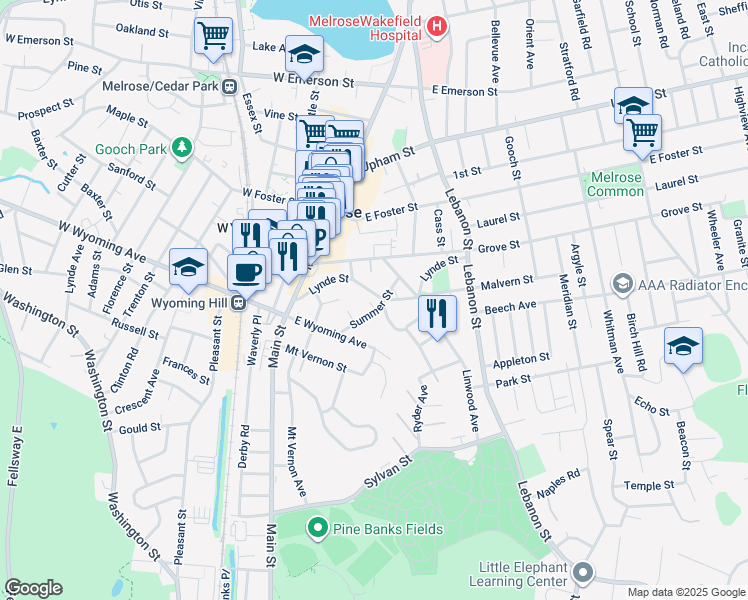 map of restaurants, bars, coffee shops, grocery stores, and more near 30 Summer Street in Melrose