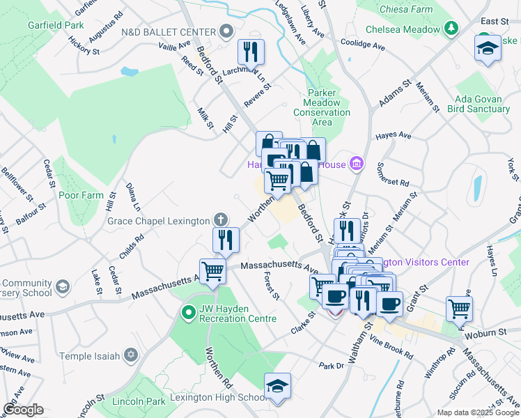 map of restaurants, bars, coffee shops, grocery stores, and more near 40 Worthen Road in Lexington