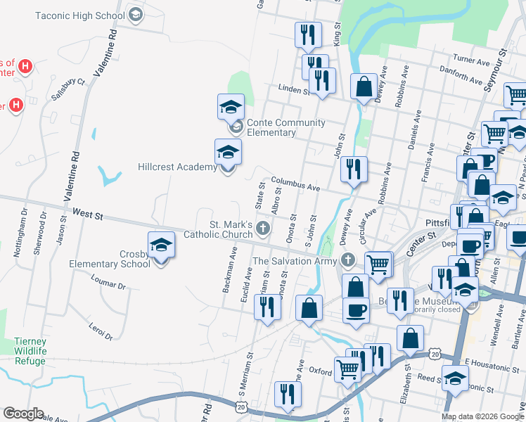 map of restaurants, bars, coffee shops, grocery stores, and more near 30 Albro Street in Pittsfield