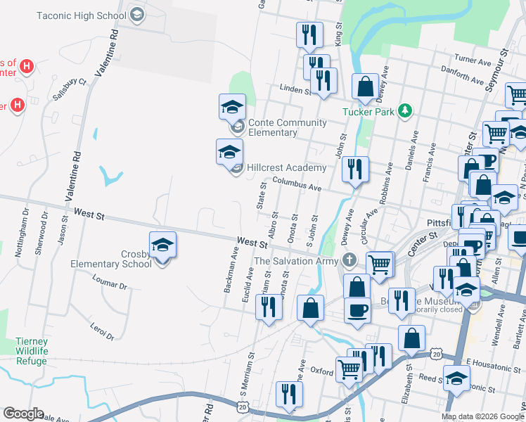 map of restaurants, bars, coffee shops, grocery stores, and more near 30 Albro Street in Pittsfield