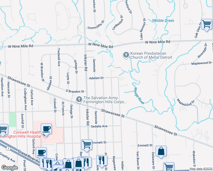 map of restaurants, bars, coffee shops, grocery stores, and more near 21740 Poinciana Street in Southfield